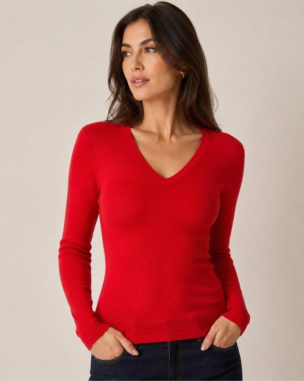 Olivia & Grace 100% Cashmere V-neck Long Sleeve Knit Red Sweater Small #1400
